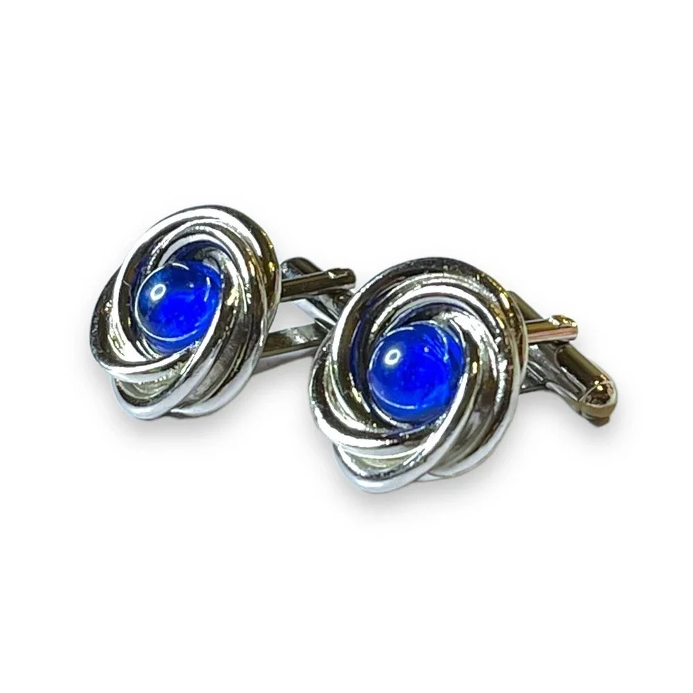 Silver Tone Cufflinks Blue Glass Cabochons Knot Style